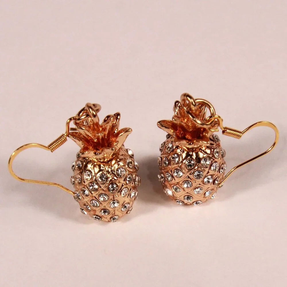 NWOT Gold Pineapple and Rhinestones Drop Earrings - Picture 2 of 8